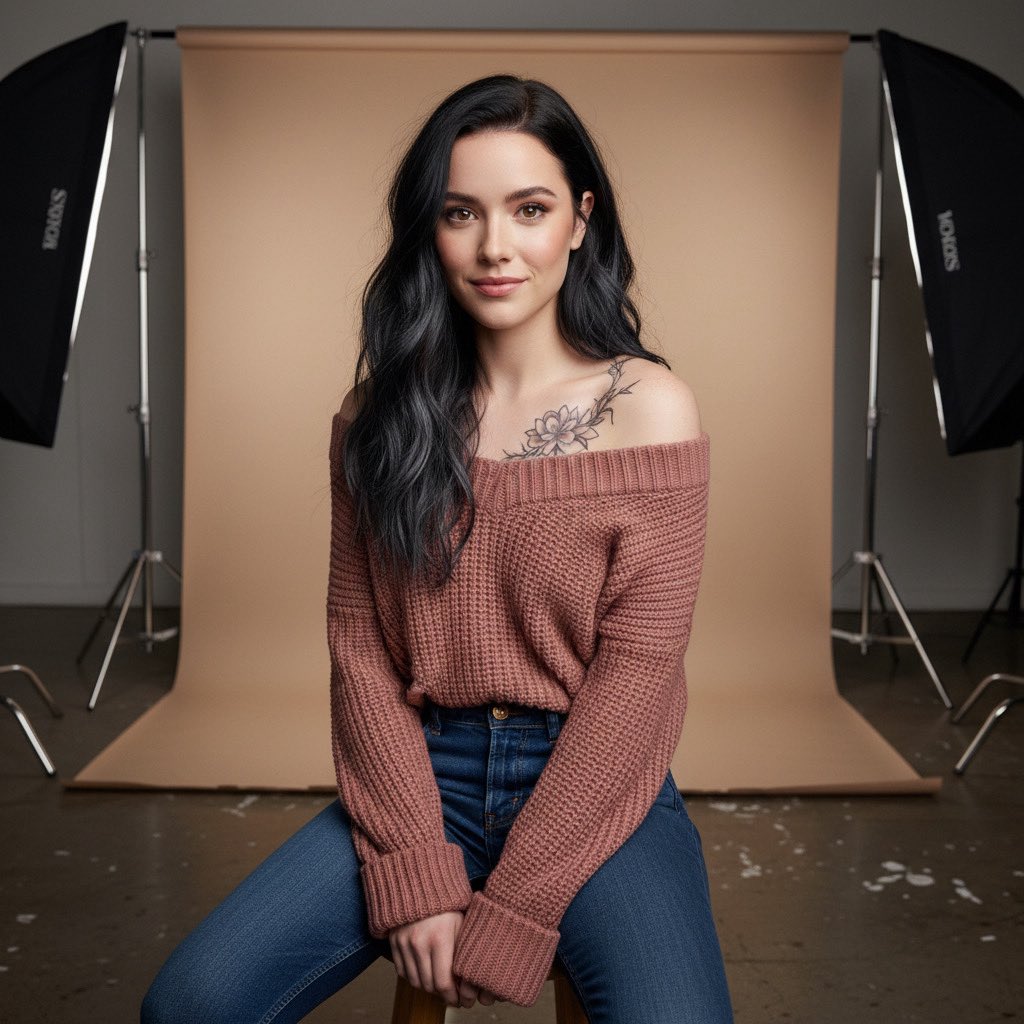 Studio Portrait with Tattoo and Chunky Knit Sweater Prompt - Nano Banana Pro AI Prompt for Product Marketing