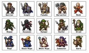 Retro Fantasy Class Sprite Grid