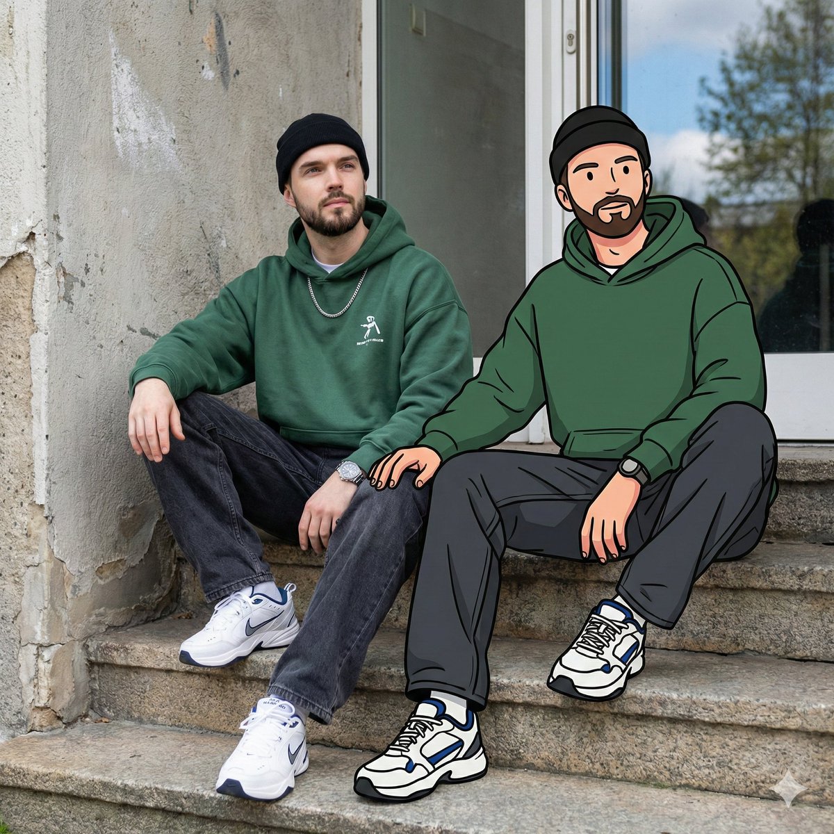 Mixed Reality Street Portrait with Cartoon Twin - Nano Banana Pro AI Prompt for Social Media Post