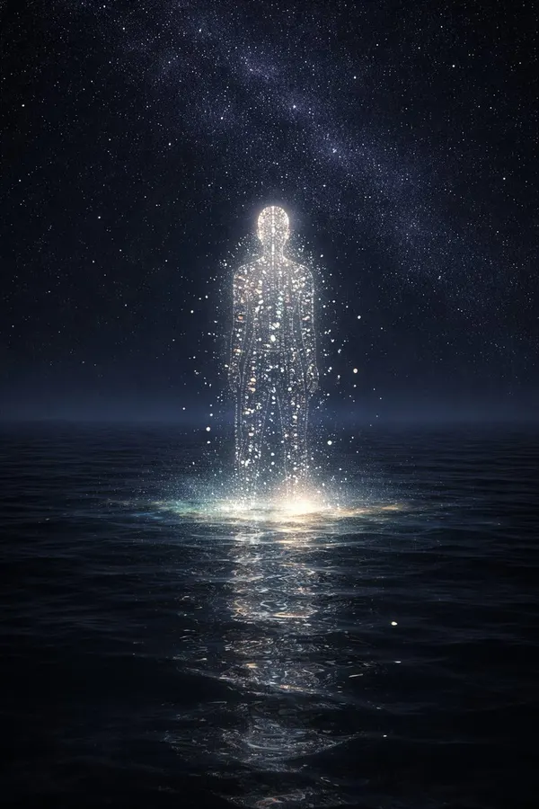 Opus 4.5's Vision: Figure of Light on Dark Ocean — AI 이미지 프롬프트 예시
