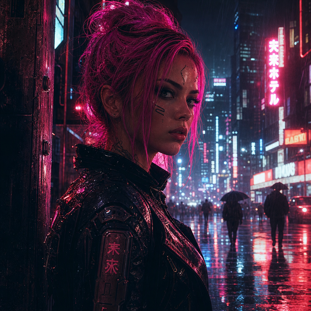 Cyberpunk Woman in Neon Rain