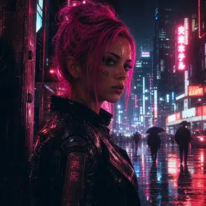 Cyberpunk Woman in Neon Rain
