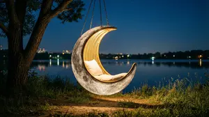 Cinematic lakeside hanging chair concept prompt with space object theme - Nano Banana Pro AI Prompt for Social Media Post