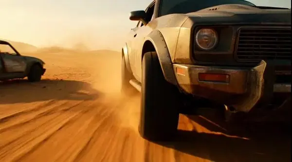 Tracking shot of armored muscle car in desert — AI Image prompt example