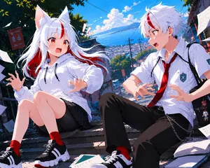 Fox-Eared Anime Students by the Sea