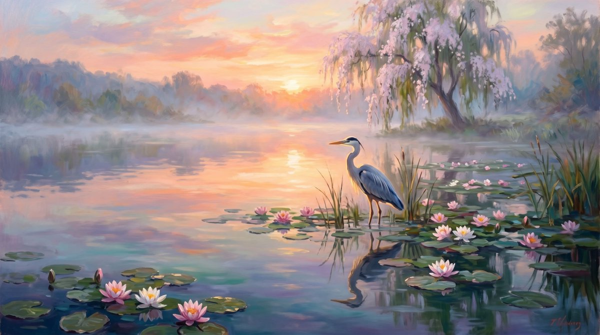 Misty Lotus Pond Heron Sunrise