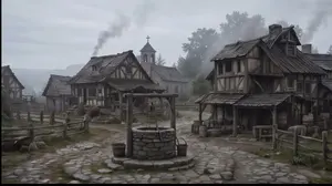 Misty Medieval Village Establishing Shot