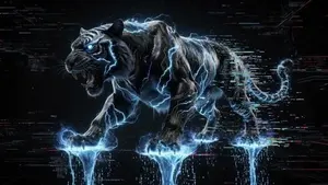 Hyper-realistic cyberpunk glitch art prompt for a massive electric tiger