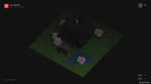Voxel-art pagoda garden single-file HTML scene