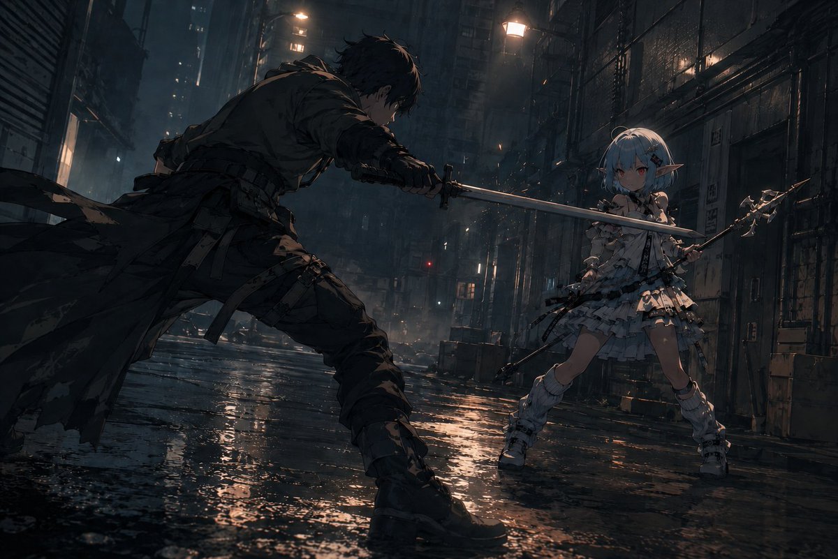 Rainy Cyberpunk Alley Sword Duel