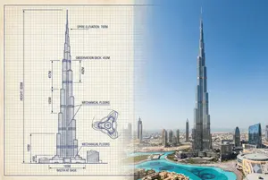 Burj Khalifa Technical Sketch and Real Photo Comparison - Nano Banana Pro AI Prompt for Infographic / Edu Visual
