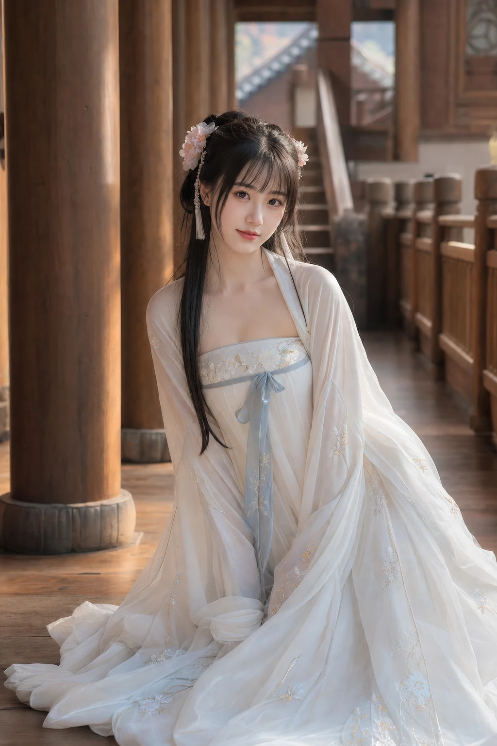 Hanfu Fairy in Wooden Corridor