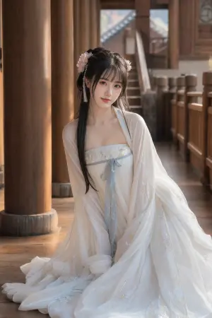 Hanfu Fairy in Wooden Corridor