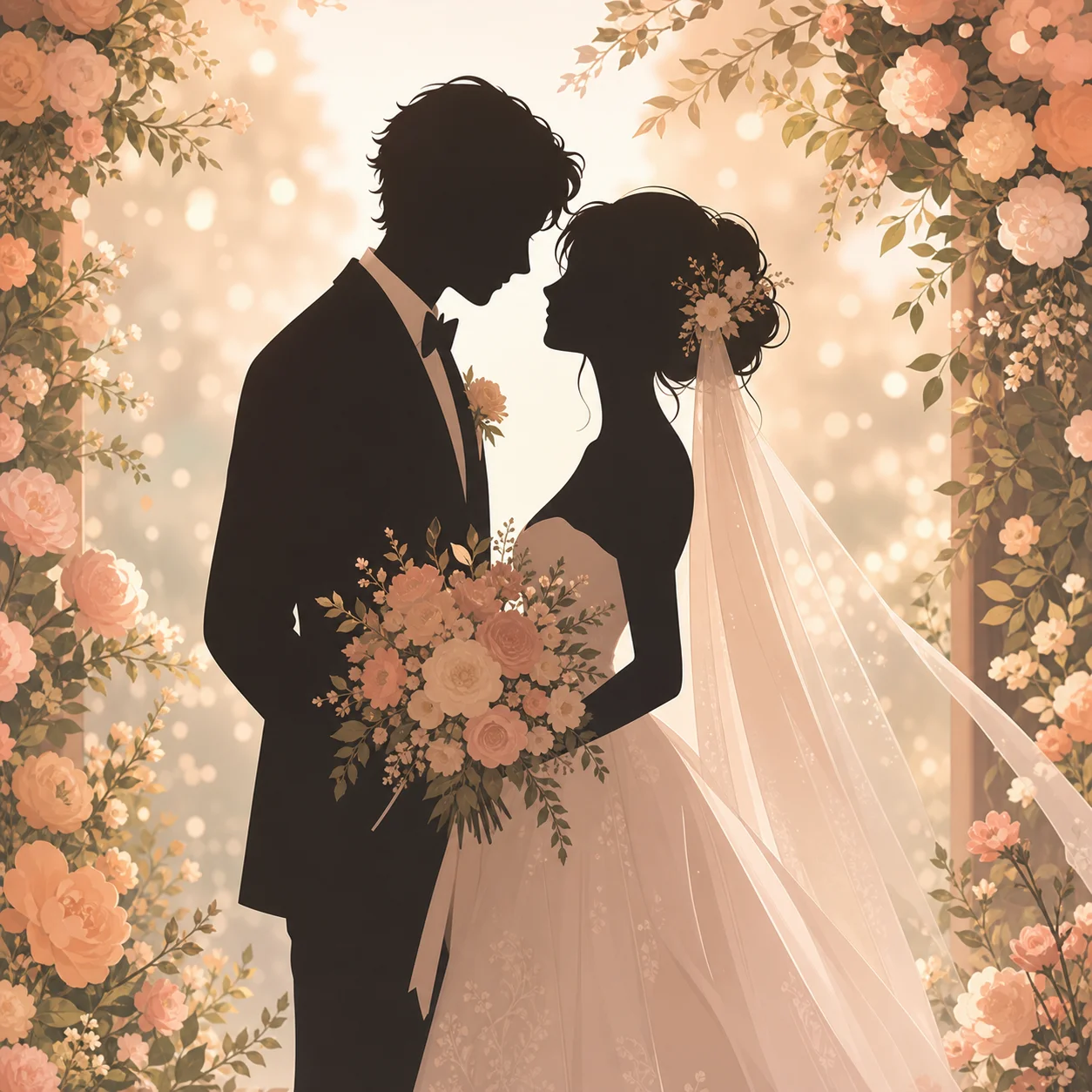 AI kissing video generator preview of a wedding couple kissing under a floral arch