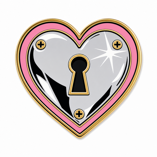 chrome y2k heart with keyhole, pink + silver, lens flare accent