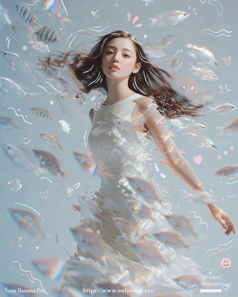 Dreamy Underwater Woman With Translucent Fish reference