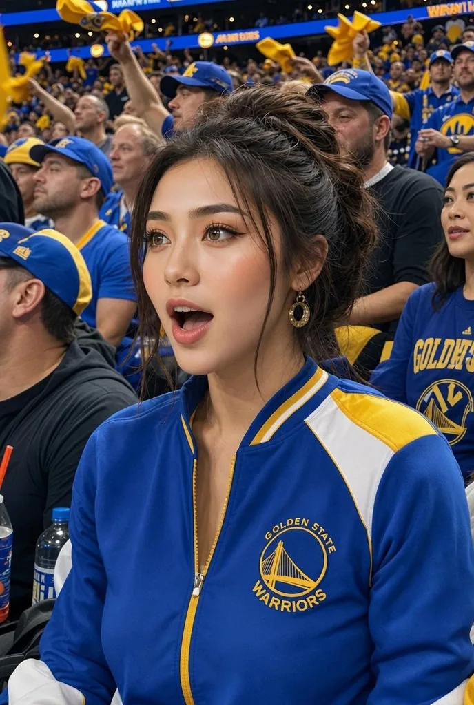 Warriors Fan Surprised Courtside Portrait reference