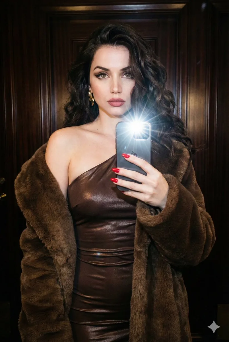 Ana de Armas Mirror Selfie Prompt for Nano Banana Pro - Nano Banana Pro AI Prompt for Social Media Post reference