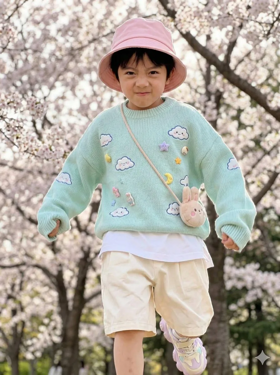 Hyper-Realistic Child Fashion Snapshot in Spring Garden reference