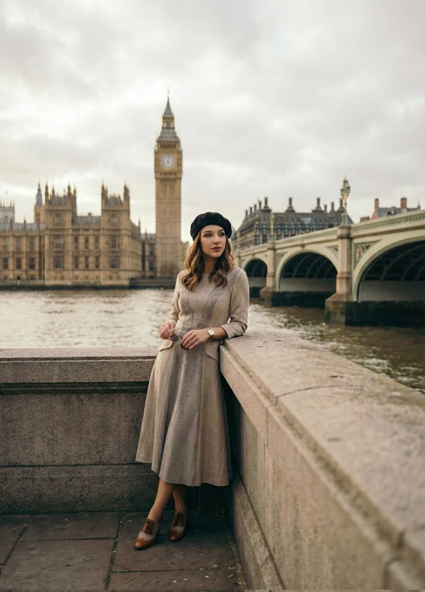 Cinematic Portrait beside the Thames River in London - Nano Banana Pro AI Prompt for Social Media Post reference