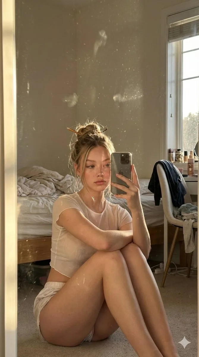 Candid Golden Hour iPhone Mirror Selfie in a Messy Bedroom - Nano Banana Pro AI Prompt for Social Media Post reference