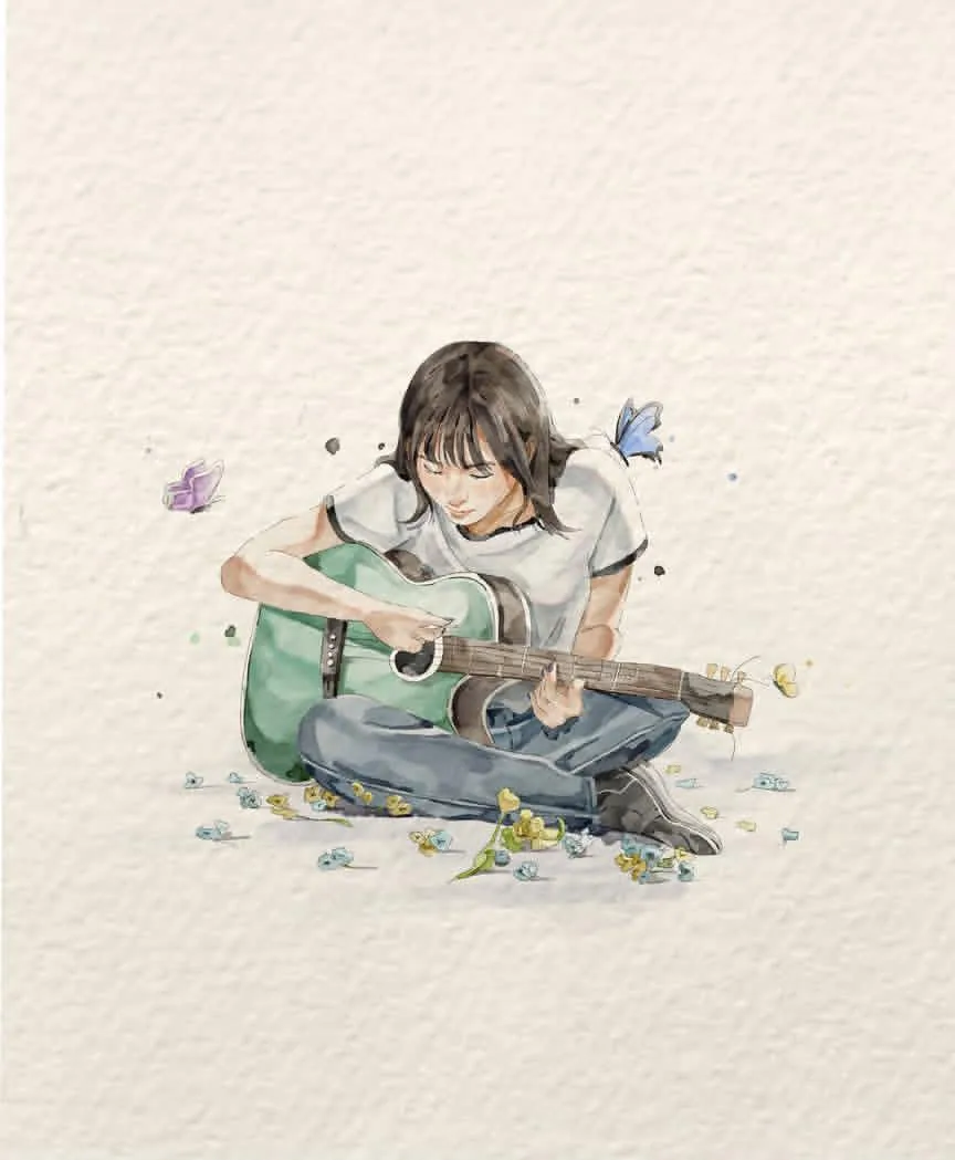 Watercolor Illustration of Guitar Player reference