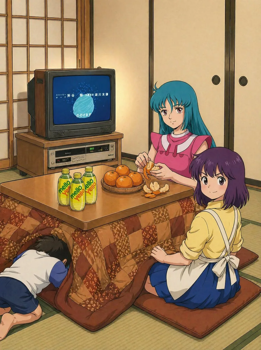 Retro Anime Kotatsu Family Scene reference