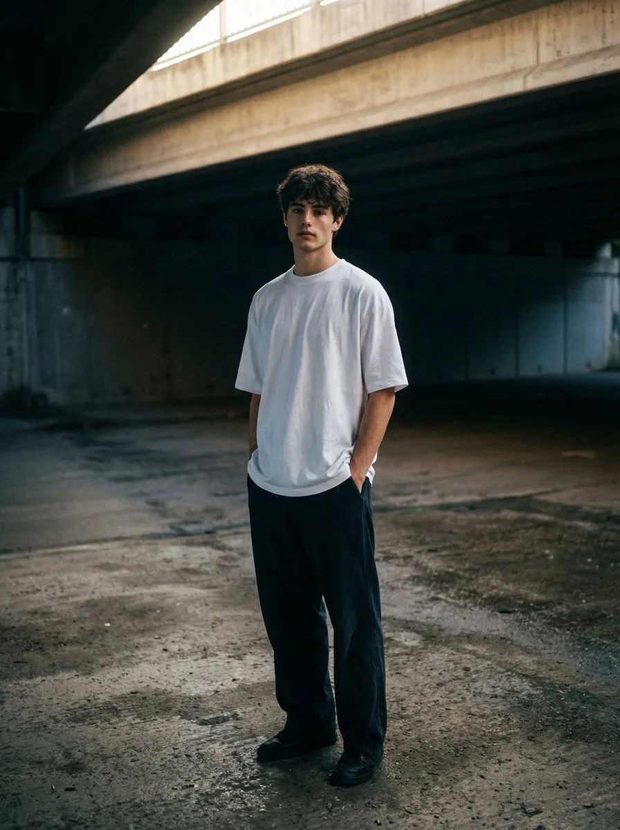 Moody urban portrait under a concrete overpass reference
