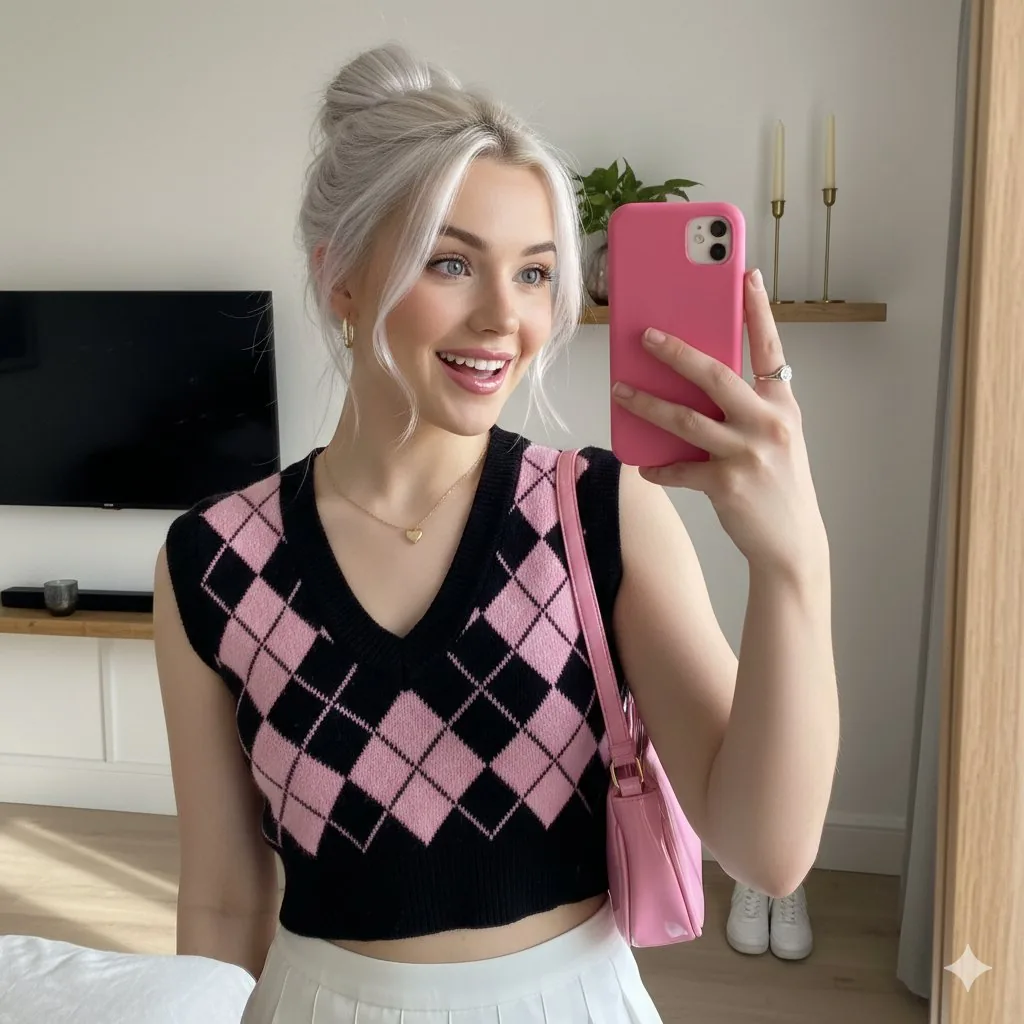 Cute Blonde Girl Mirror Selfie in Argyle Vest - Nano Banana Pro AI Prompt for Social Media Post reference
