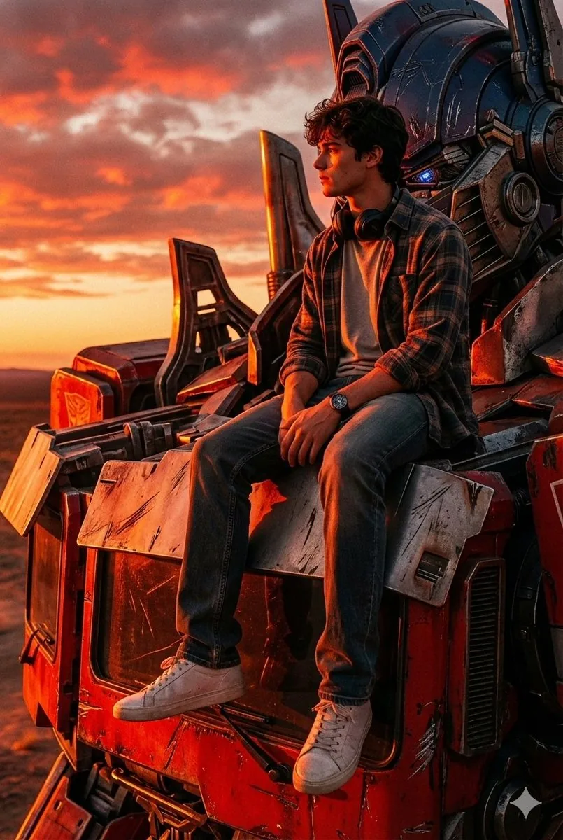 Colossal Optimus Prime and Human Cinematic Photo Prompt - Nano Banana Pro AI Prompt for Social Media Post reference