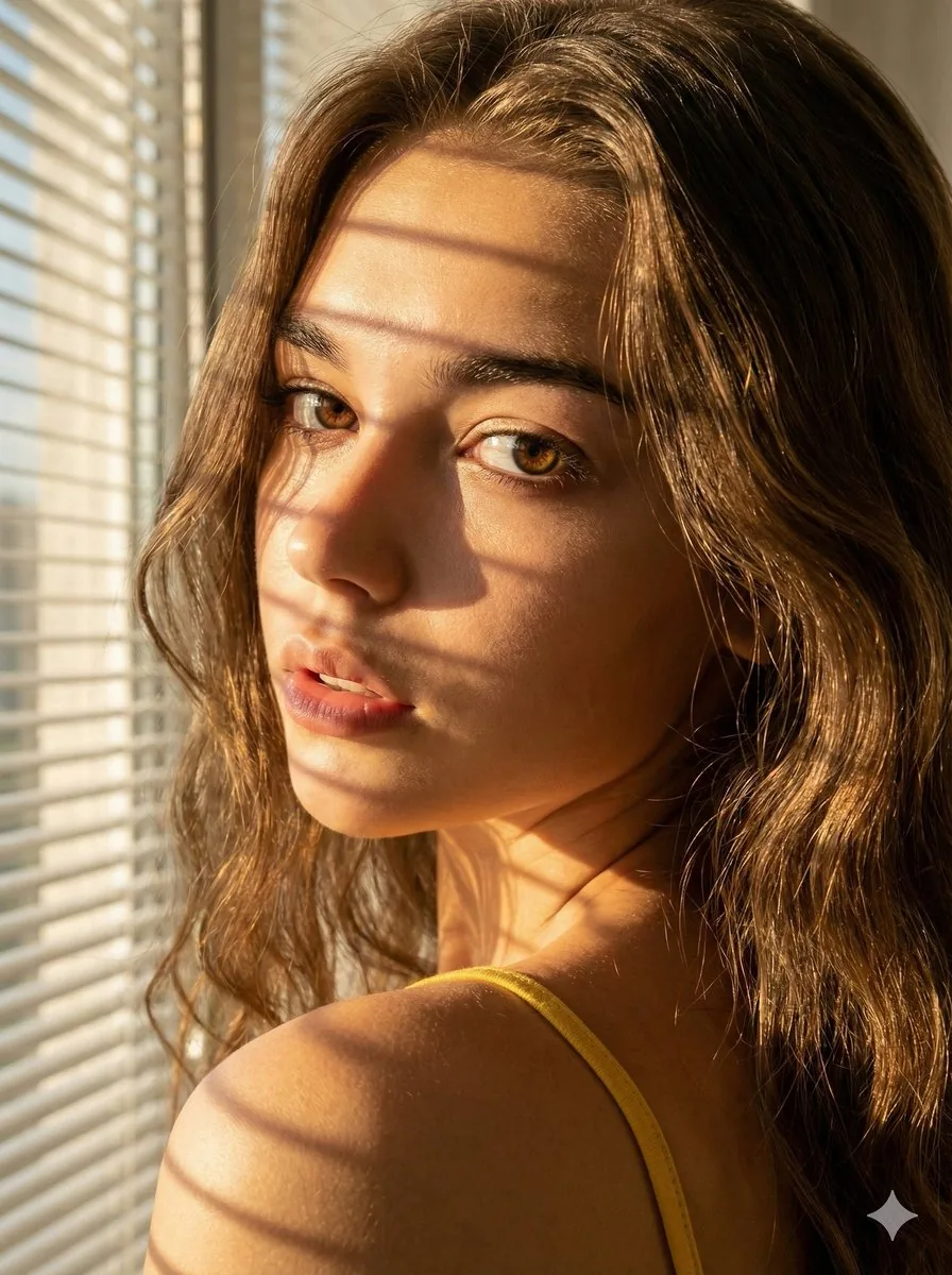 Close-up Portrait with Window Blind Shadows reference