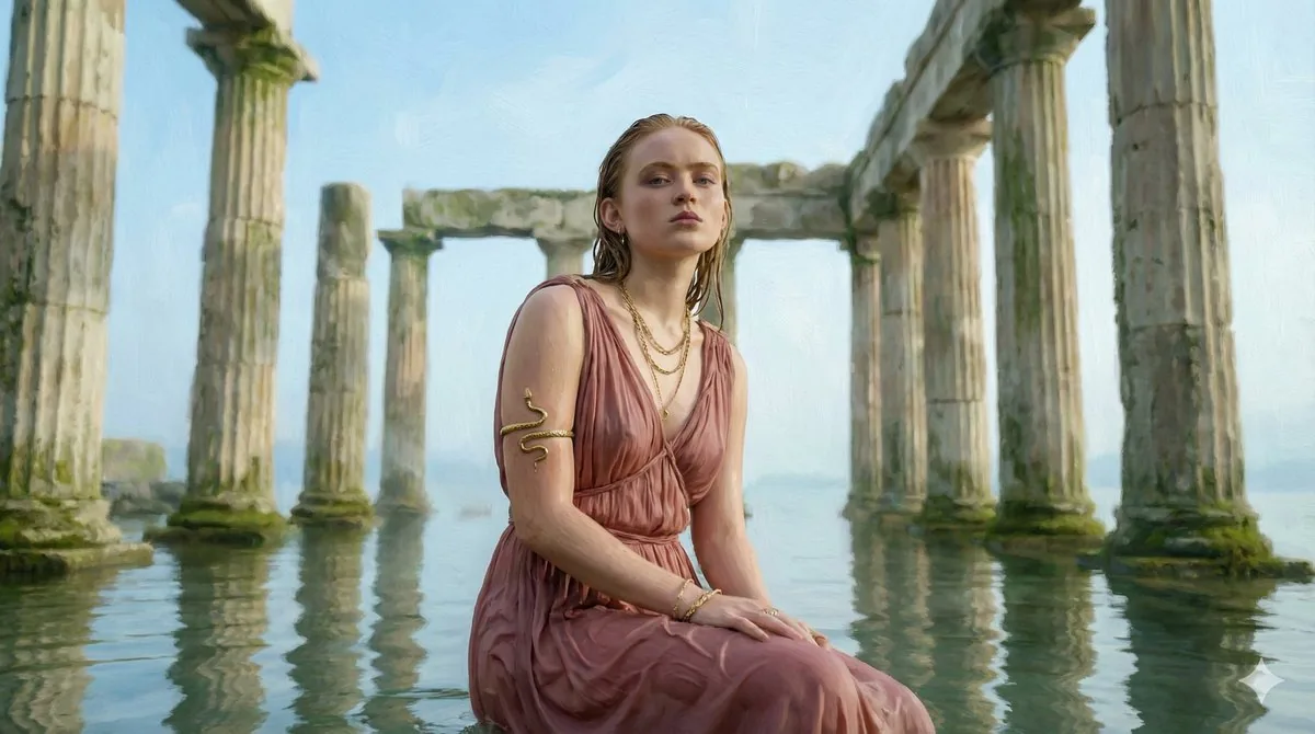 Cinematic Sadie Sink-Inspired Portrait in Flooded Ancient Ruins - Nano Banana Pro AI Prompt for Social Media Post reference