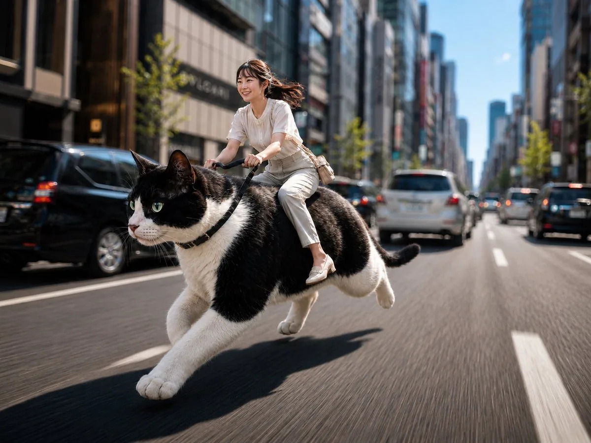Woman Riding a Giant Cat Commute reference