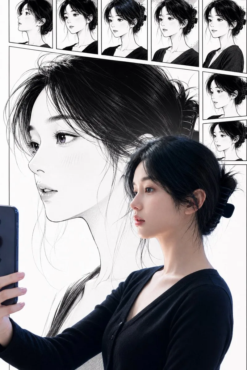 Real Woman with Manga Counterpart Selfie reference