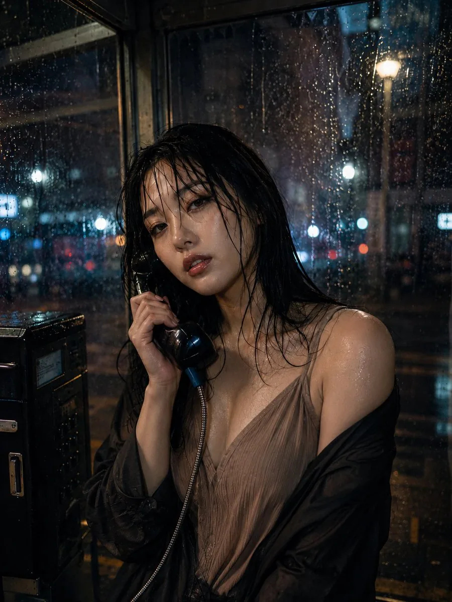 Cinematic Rainy Night Phone Booth Portrait reference