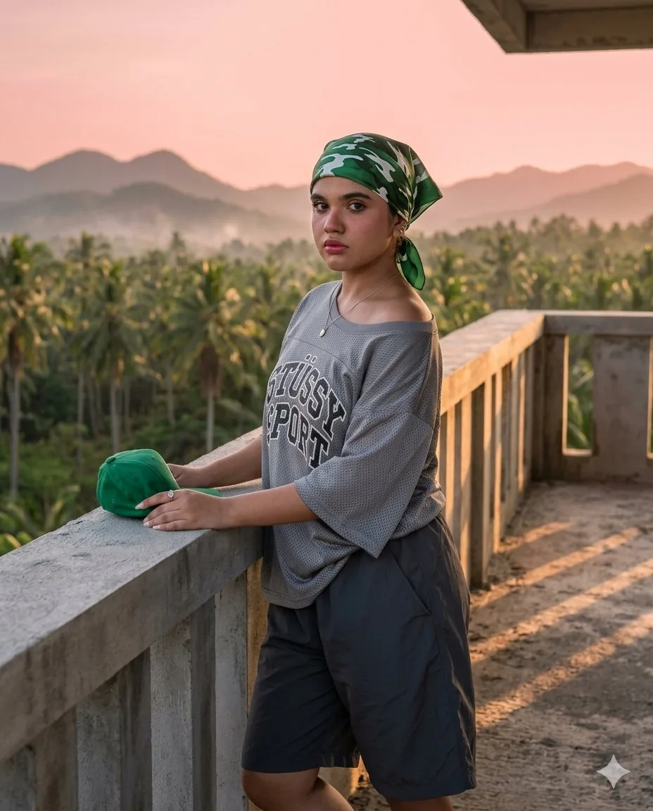 Tropical Rooftop Sunset Portrait - Nano Banana Pro AI Prompt for Social Media Post reference