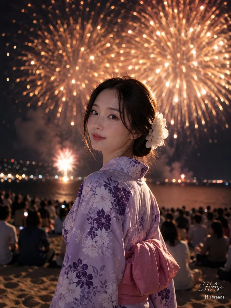 Elegant Japanese Yukata at Beach Fireworks Festival reference