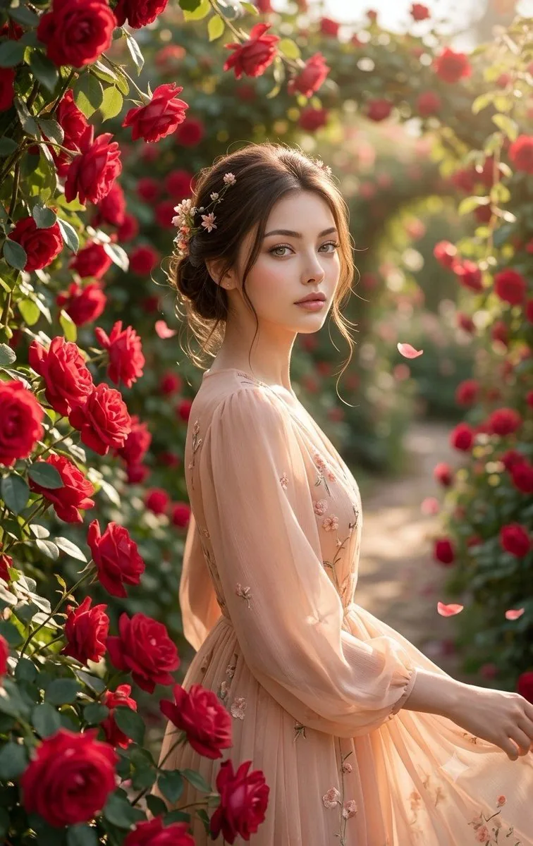 Korean Girl in Red Rose Garden reference