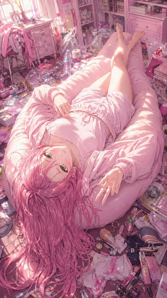 Pink Anime Girl in a Messy Bedroom reference