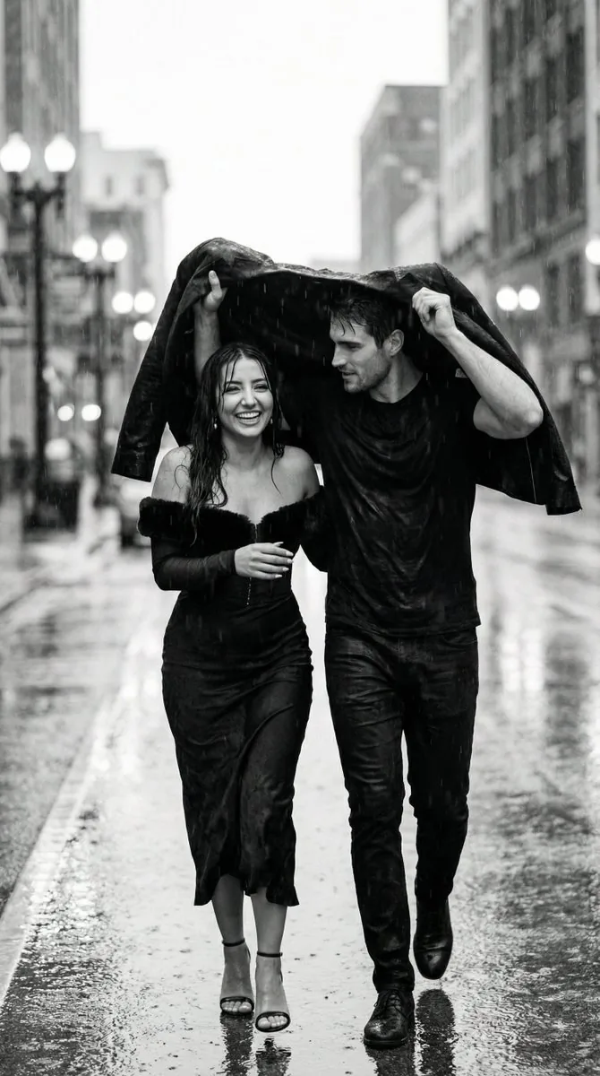 Black and White Documentary Couple in Rain (Image-to-Image) - Nano Banana Pro AI Prompt for Social Media Post reference