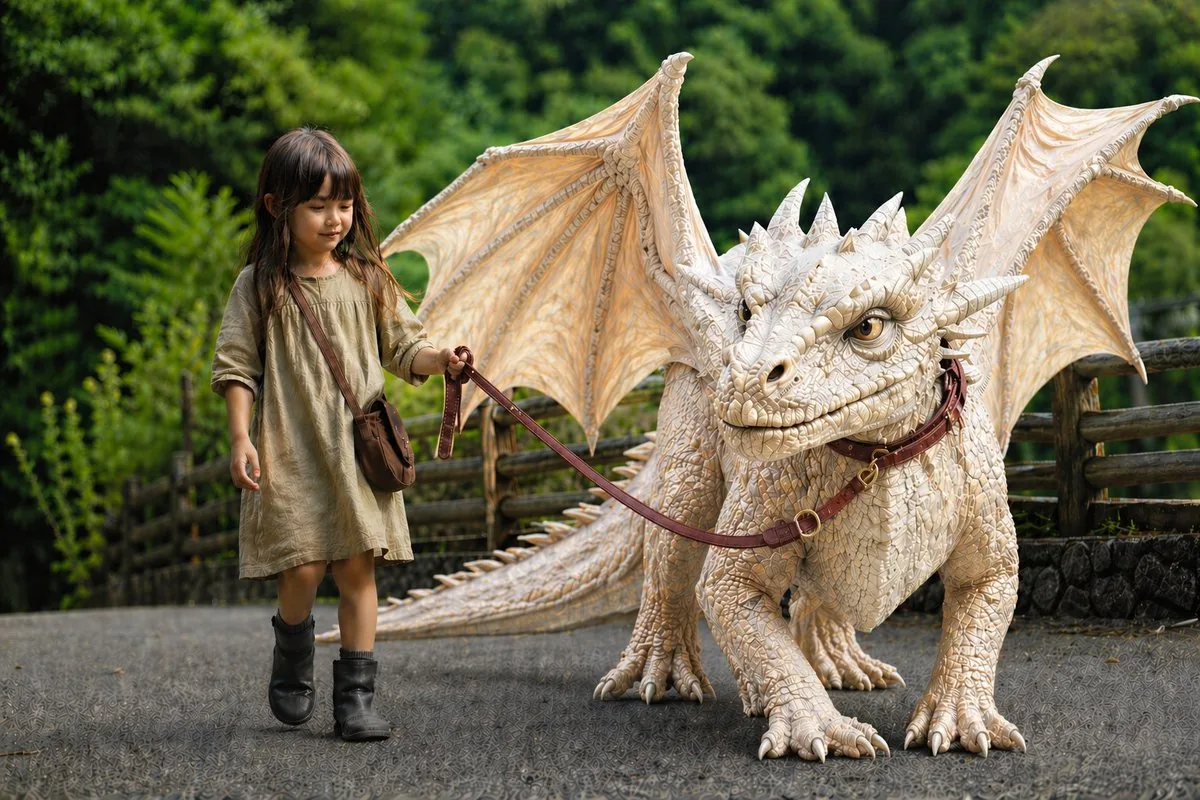 Girl Walking a Giant Cream Dragon reference