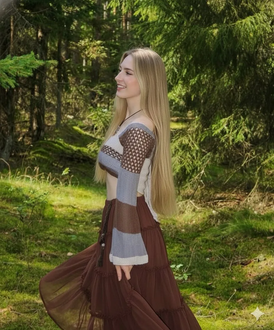 Boho Editorial Portrait in Pine Forest - Nano Banana Pro AI Prompt for Social Media Post reference