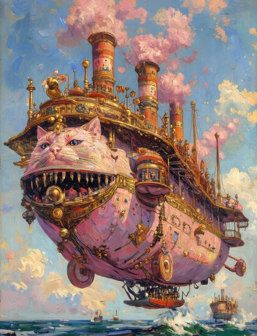Steampunk Cat Airship Over the Sea reference