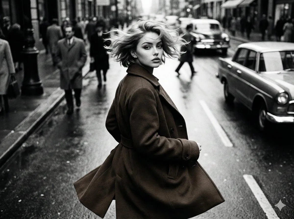 Black and White Cinematic Street Fashion - Nano Banana Pro AI Prompt for Social Media Post reference