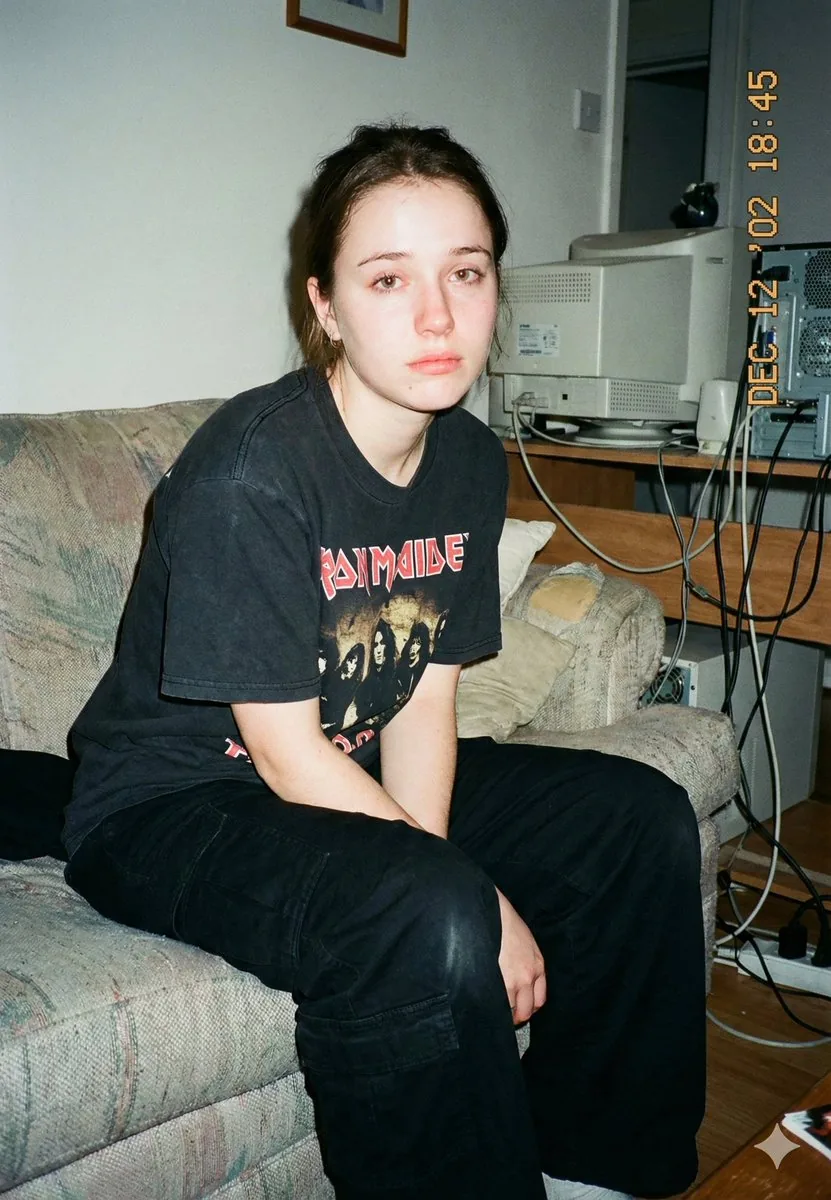 Lo-Fi Candid Portrait with Direct Flash (Early 2000s Aesthetic) - Nano Banana Pro AI Prompt for Social Media Post reference