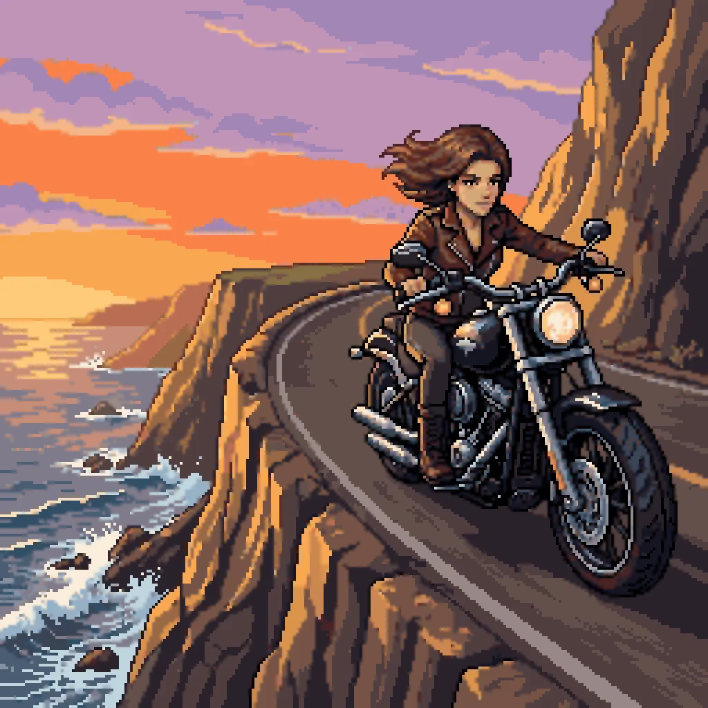 Woman Riding Motorcycle on Cliff Road reference