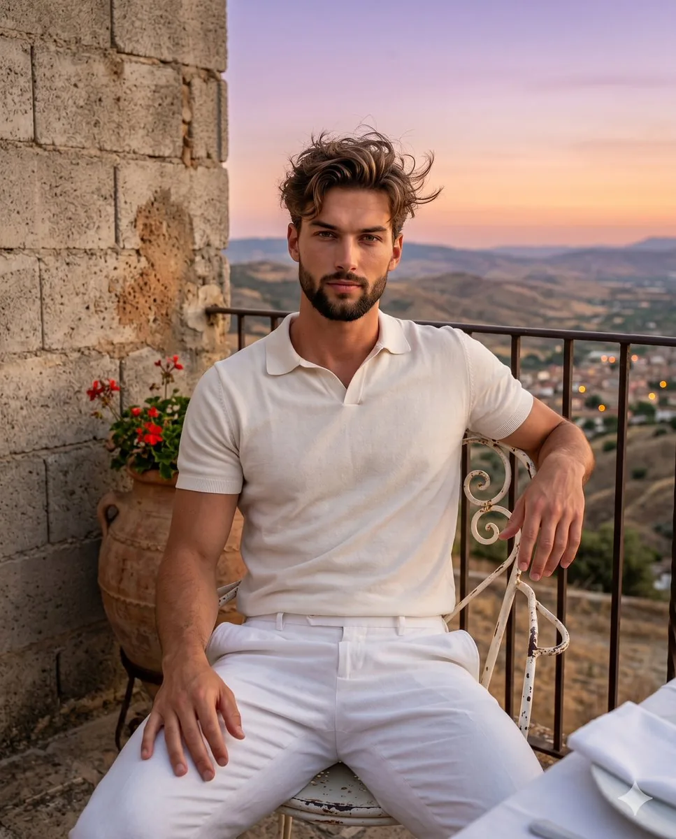 Mediterranean Twilight Terrace Portrait - Nano Banana Pro AI Prompt for Social Media Post reference