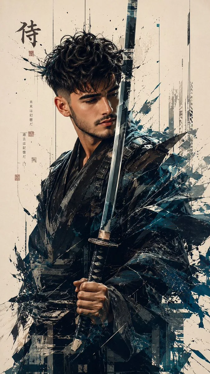 Futuristic Samurai Glitch Art Portrait reference
