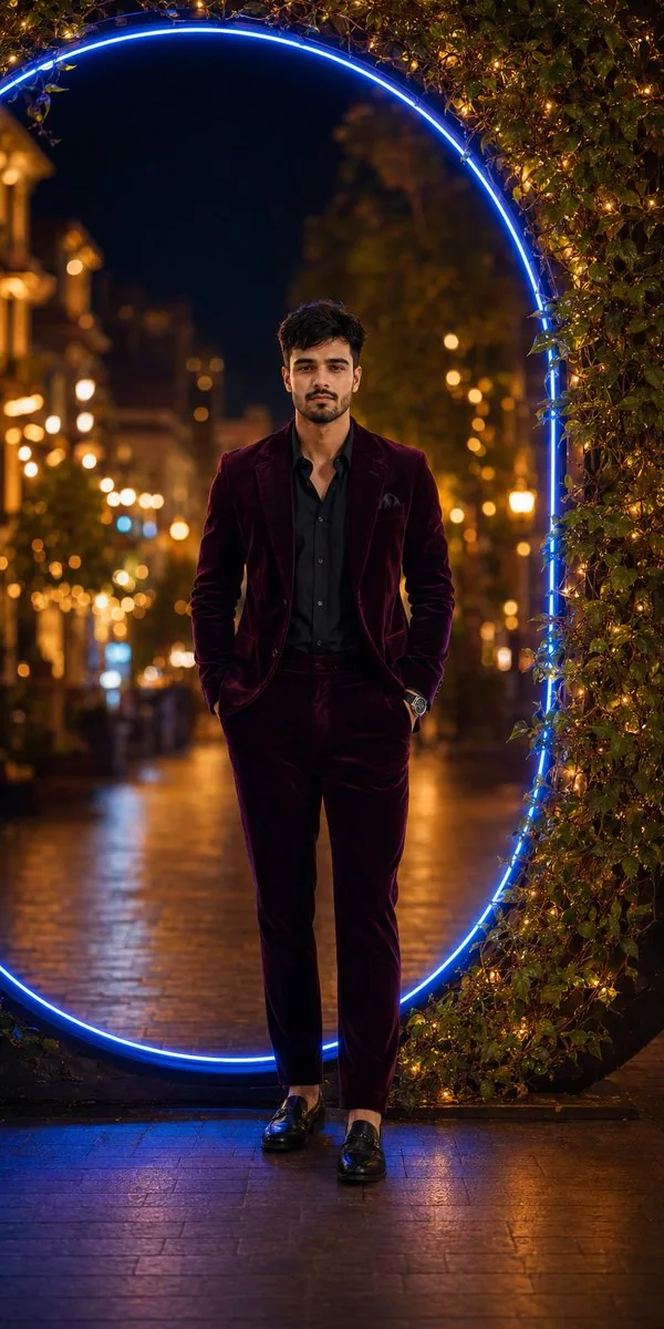 Luxury Velvet Suit Neon Portrait - Nano Banana Pro AI Prompt for Profile / Avatar reference