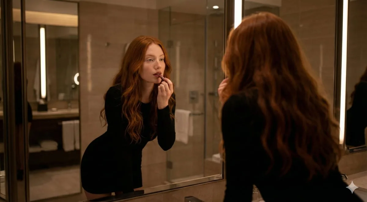Cinematic Mirror Reflection of Woman Applying Lipstick - Nano Banana Pro AI Prompt for Social Media Post reference